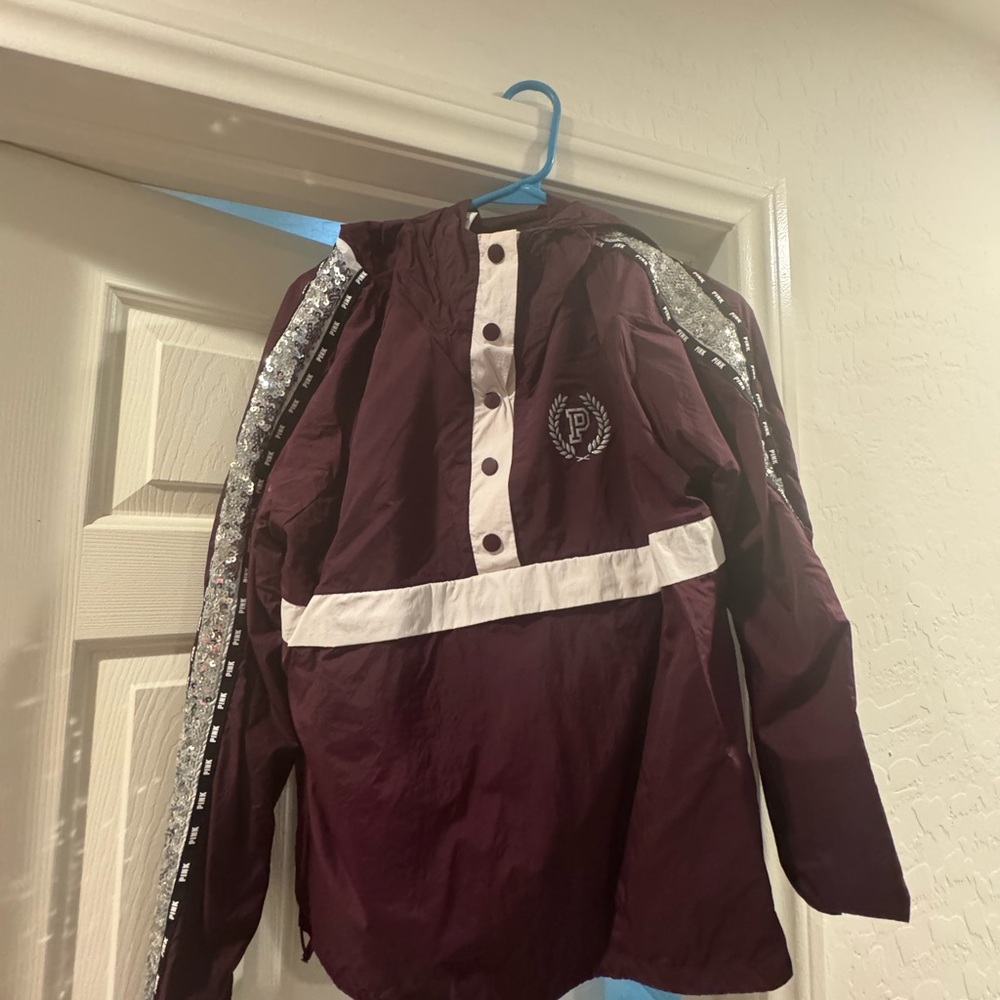 Sequin bling Maroon and White Hooded Jacket with Silver Accents
